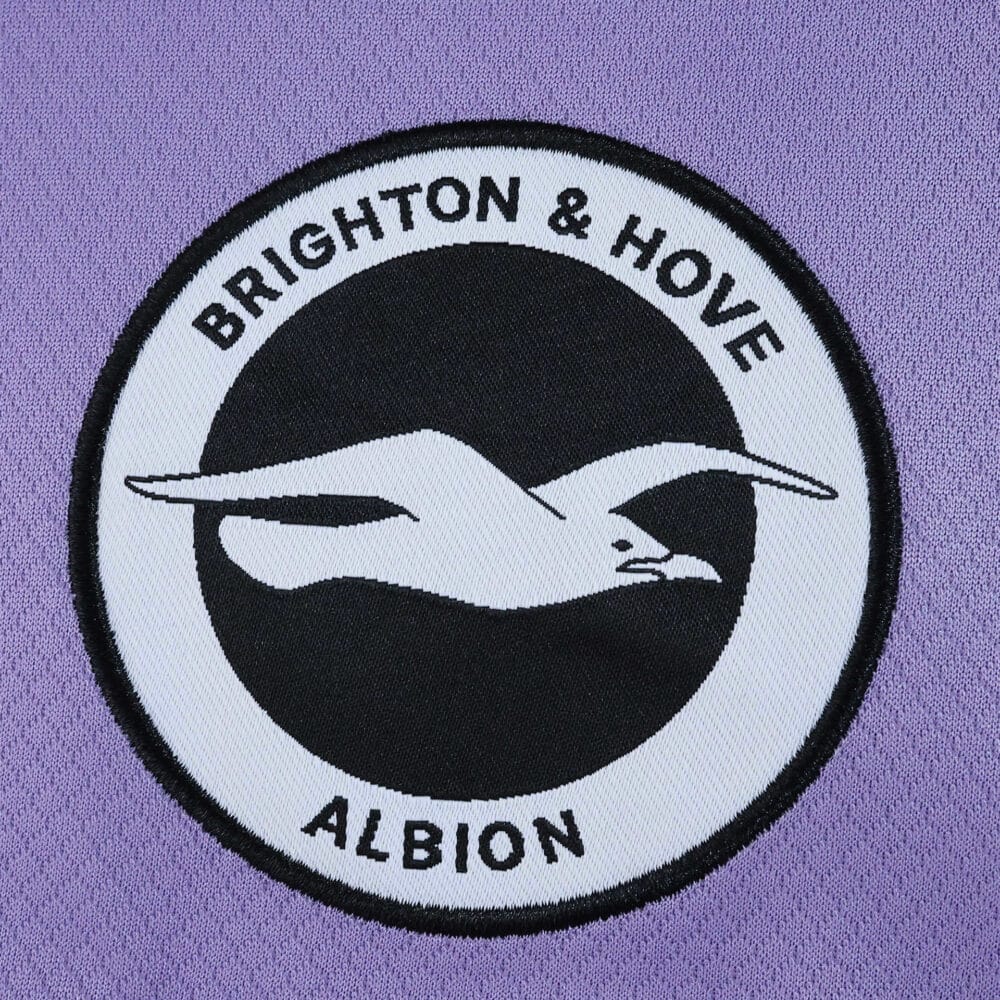 Brighton & Hove Albion 2025/26 away fan jersey badge featuring a seagull logo on purple fabric.