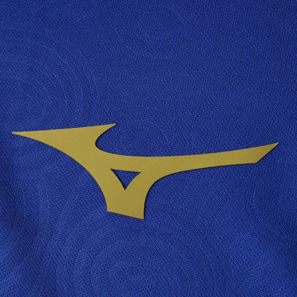 Gold Mizuno logo on blue fabric from the AS Monaco Away 2025/26 Fan Version jersey.