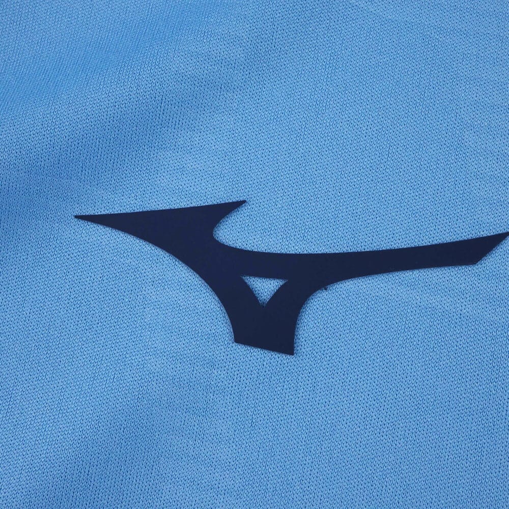 Close-up of the Mizuno logo on the light blue Lazio Home 2025/26 Fan Version jersey fabric.