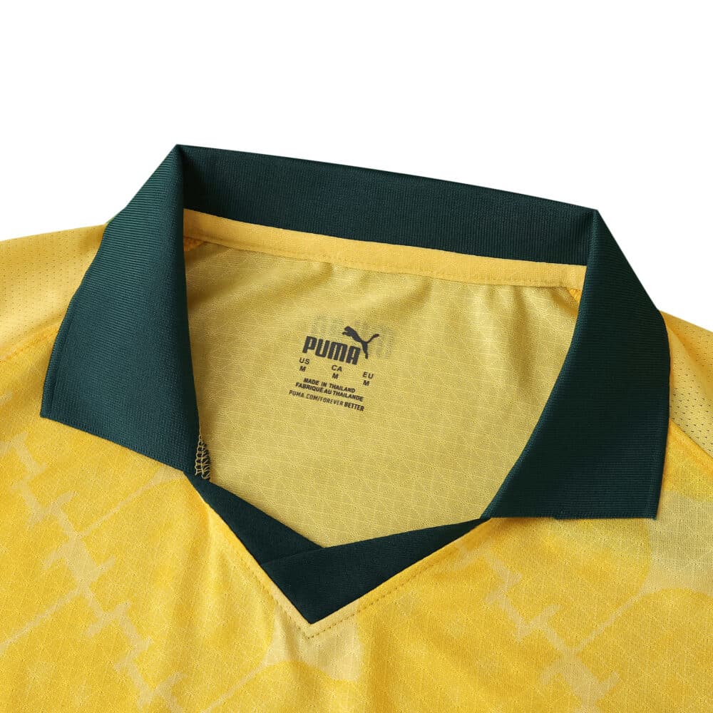 Close-up of AC Milan Third 2025/26 Player Version jersey collar, yellow with green trim and Puma logo.