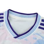 Close-up of Aston Villa 2025/26 third fan jersey collar with blue and purple trim and shoulder stripes.