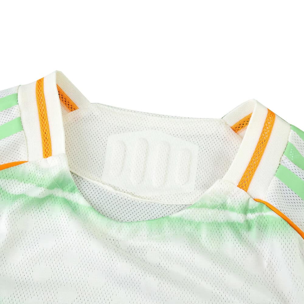 Close-up of the Celtic Third 2025/26 Player Version jersey collar with green and orange accent stripes.