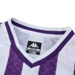 Close-up of the collar on the Real Valladolid 2025/26 Home Fan Version jersey, featuring purple and white stripes.