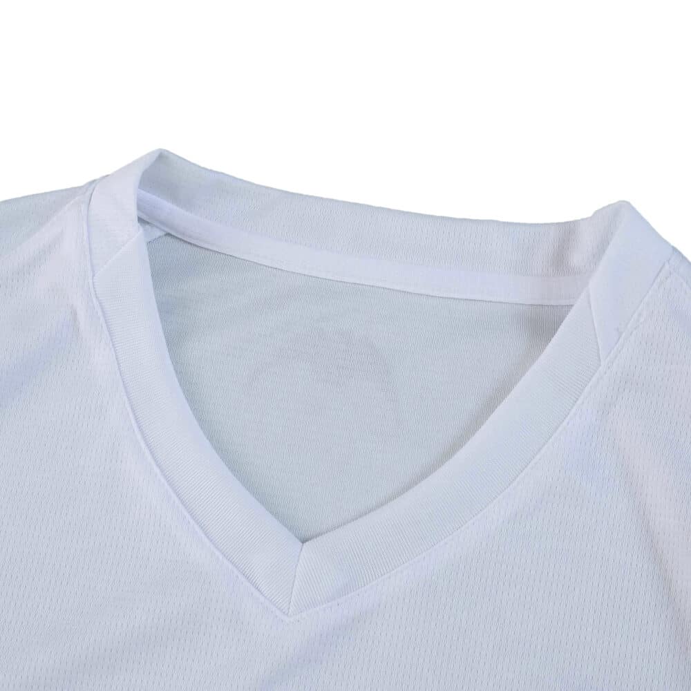 Close-up of Valencia Home 2025/26 Fan Version jersey showing the white V-neck collar and fabric texture.