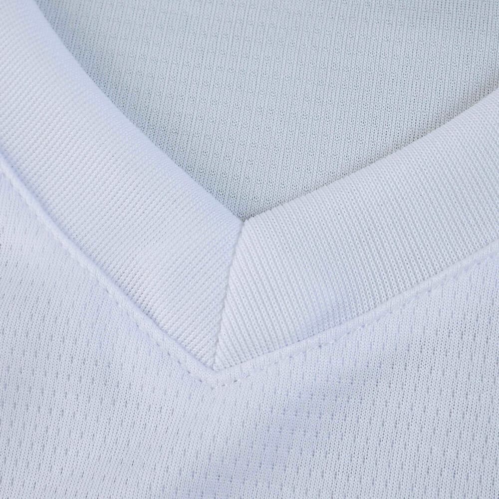 Close-up of the white V-neck collar on the Valencia Home 2025/26 Fan Version jersey.
