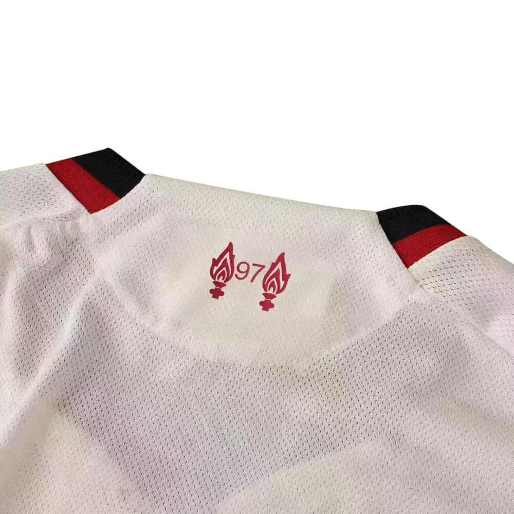 Close-up of the back collar on the Liverpool Away 2025/26 Player Version jersey, featuring a red "97" and flame emblems.