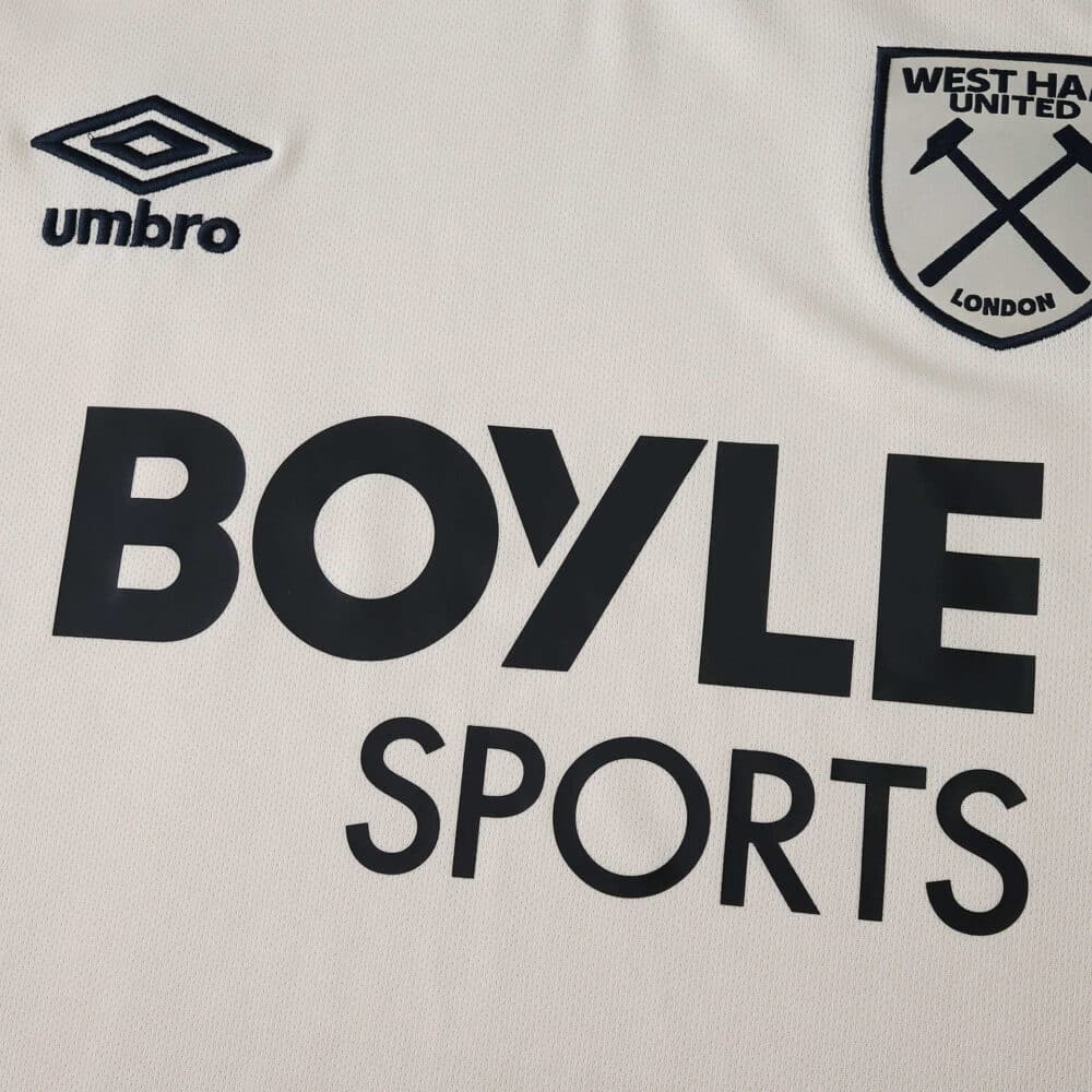 Close-up of West Ham United Away 2025/26 Fan Version jersey with Umbro logo and BoyleSports sponsor.