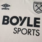 Close-up of West Ham United Away 2025/26 Fan Version jersey with Umbro logo and BoyleSports sponsor.