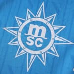 Close-up of the MSC logo on the 2025/26 Napoli Home Fan Version jersey's blue fabric.