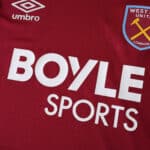 Close-up of West Ham United 2025/26 home player version jersey with Umbro logo, club crest, and sponsor.