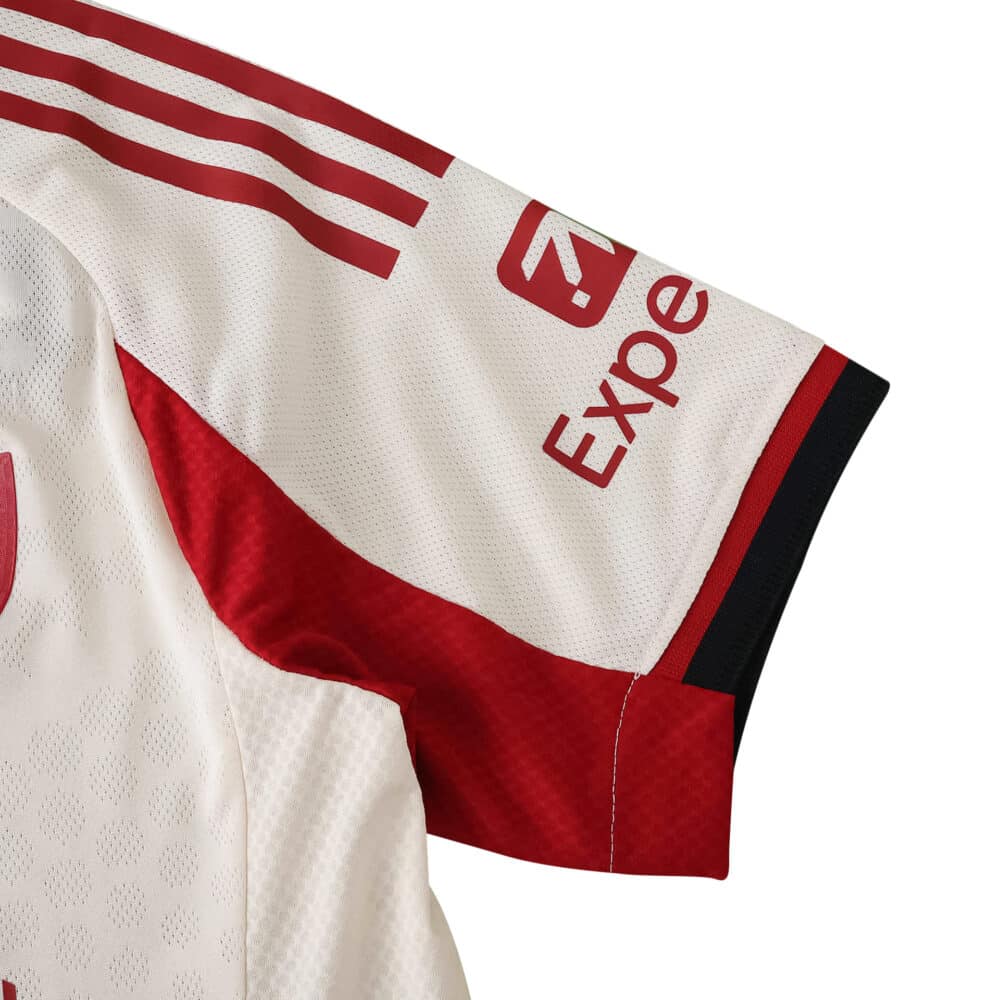 Close-up of the Liverpool Away 2025/26 Player Version jersey sleeve with sponsor and red stripes.